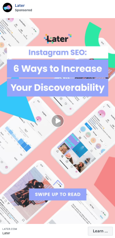 Promotional graphic for Later about Instagram SEO, featuring phones displaying Instagram feeds and text: "6 Ways to Increase Your Discoverability. Swipe up to read.