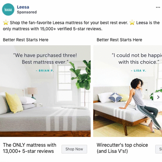Leesa mattress ad featuring two customer testimonials, a bed with white bedding, potted plants, and a woman sitting on the edge of one mattress. Text highlights 5-star reviews.