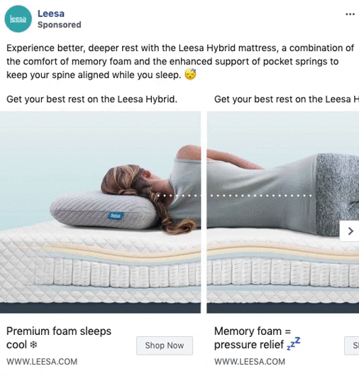 A woman sleeps on her side on a Leesa Hybrid mattress with a Leesa pillow, illustrating the support and comfort of memory foam and pocket springs.