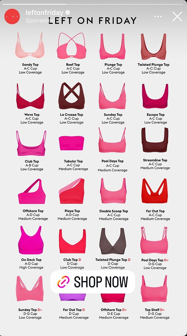 A grid of 20 women's bikini tops in various styles and colors, labeled with their names, cup sizes, and coverage levels. "SHOP NOW" button is displayed at the bottom center.