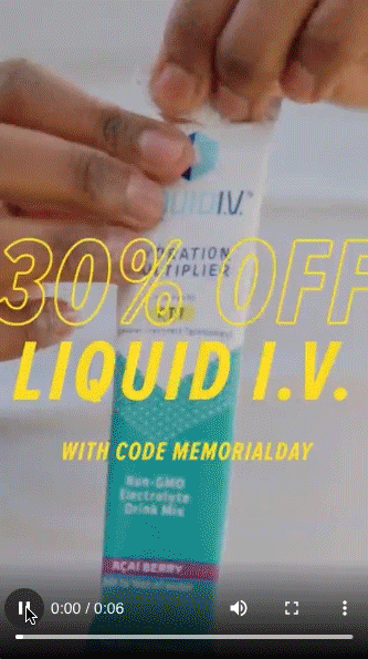 Hands opening a Liquid I.V. Hydration Multiplier packet with yellow text overlay that reads "30% OFF LIQUID I.V. WITH CODE MEMORIALDAY.