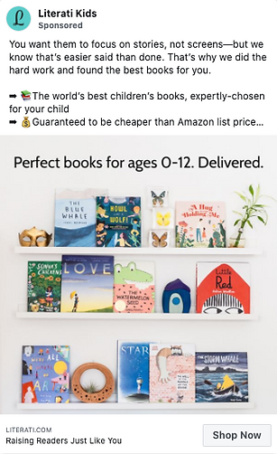 Three white shelves display a variety of colorful children's books against a white wall, with text promoting book delivery for ages 0–12.