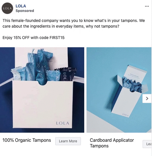 Two images show LOLA tampon boxes, one with organic tampons visible inside and another with a partially opened box. Text promotes a 15% discount and highlights organic and cardboard applicator options.