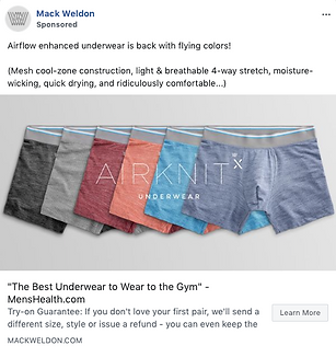 Five pairs of men's boxer briefs in different colors are displayed in a row with the text "AIRKNIT UNDERWEAR" written across them.