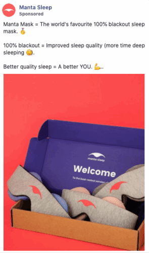 A box containing two pairs of Manta blackout sleep masks, one grey and one pink, with a "Welcome" card inside the box.