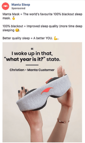 A person holds a gray sleep mask with a red logo; behind, text reads, “I woke up in that, ‘what year is it?’ state. Christian – Manta Customer.”.