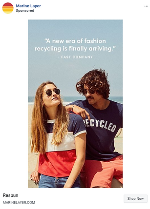Two people stand outdoors; the woman wears sunglasses and a color-blocked shirt, the man wears sunglasses and a "RECYCLED" t-shirt. Text promotes fashion recycling.