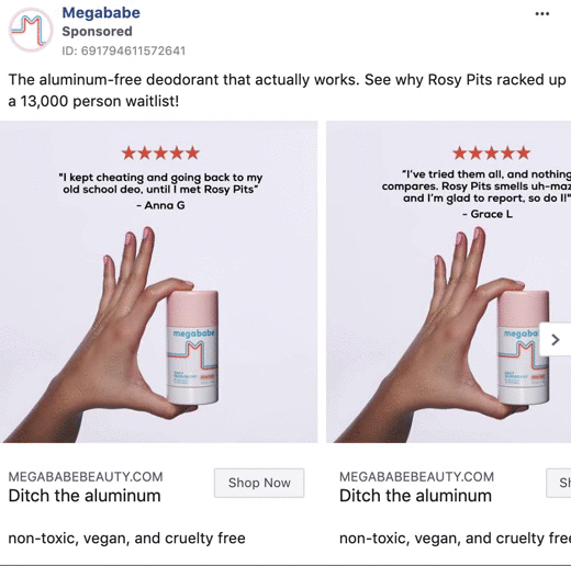 Two hands, each holding a Megababe Rosy Pits deodorant, are shown side by side with customer quotes above them. Text promotes the aluminum-free, vegan, and cruelty-free product.