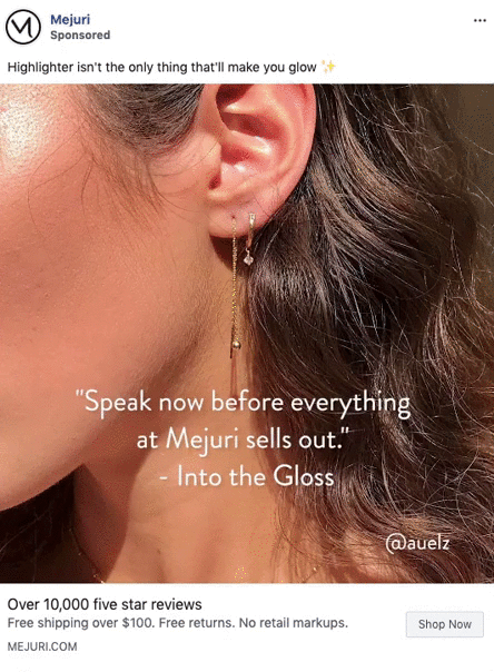 Close-up of a woman's ear wearing gold dangling earrings, with a quote overlay and promotional text for Mejuri jewelry and shipping information.