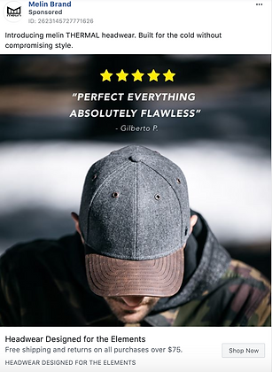 A man wearing a grey thermal cap and a camo jacket looks down; five-star review and quote overlay about the product's quality.