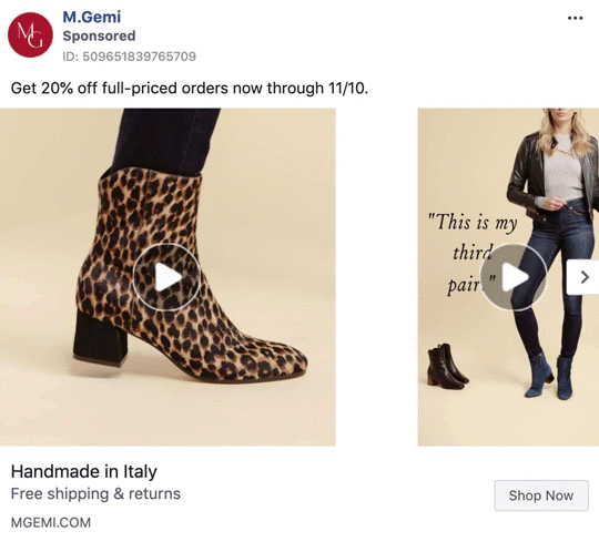 Leopard print ankle boot with a block heel displayed on left; on right, a woman stands next to text reading, "This is my third pair.