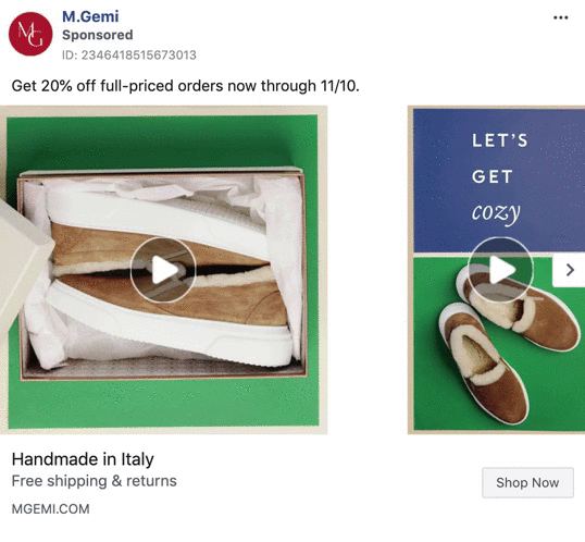 A pair of tan slip-on shoes in a box is shown on the left; on the right, the same shoes are displayed on a blue background with the text “LET’S GET cozy.”.