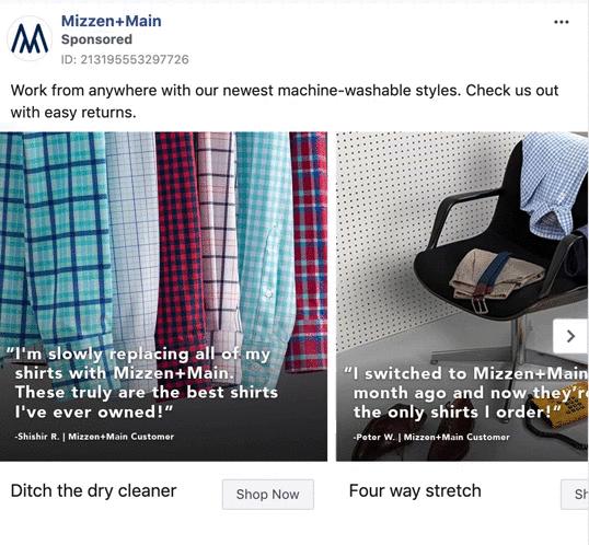Display of Mizzen+Main plaid shirts hanging on a rack and folded shirts on a chair; includes customer testimonials and product features like "machine-washable" and "four way stretch.