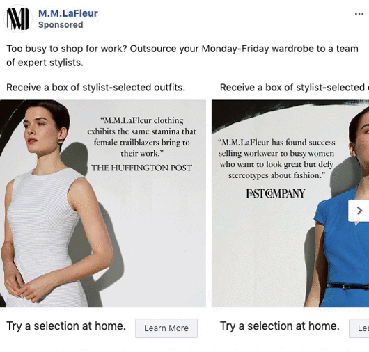 Two women model professional outfits in an ad for M.M.LaFleur, promoting stylist-selected clothing boxes for busy women. Text highlights positive reviews from The Huffington Post and Fast Company.