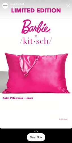 Bright pink satin pillowcase with matching scarf displayed against a white background, featuring Barbie x Kitsch Limited Edition branding above.