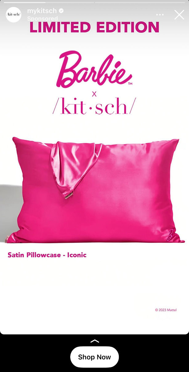 Bright pink satin pillowcase with matching scarf displayed against a white background, featuring Barbie x Kitsch Limited Edition branding above.