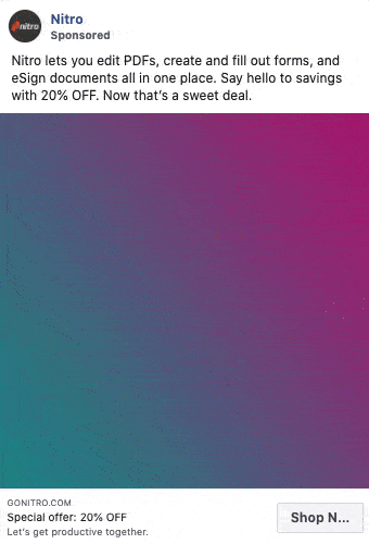 Advertisement for Nitro, a software for editing PDFs, filling forms, and e-signing documents, offering 20% off. The background is a gradient of purple and teal.