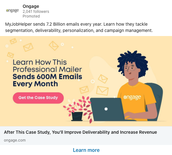 A digital ad for Ongage highlights that MyJobHelper sends 600 million emails monthly, promoting a case study on improving deliverability, segmentation, and revenue.