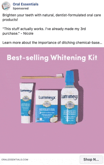 Lumineux whitening kit with toothpaste, mouthwash, and toothbrush displayed on a pink background; text promotes natural, dentist-formulated oral care products.