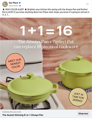 Two light green cookware pieces, an Always Pan and a Perfect Pot, sit on a kitchen counter with text highlighting their ability to replace 16 pieces of cookware.