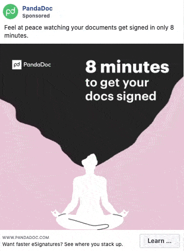 A person meditating beneath a cloud with the text “8 minutes to get your docs signed” and the PandaDoc logo above.