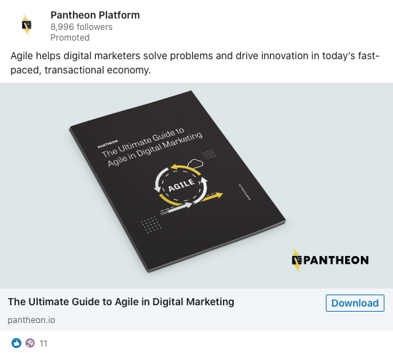 A black booklet titled "The Ultimate Guide to Agile in Digital Marketing" is displayed on a white background next to a Pantheon logo and a Download button.