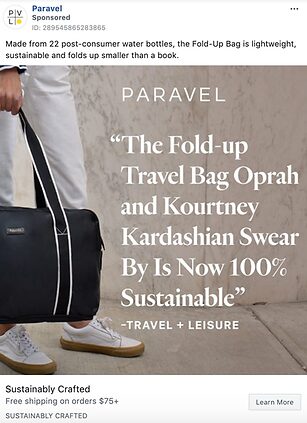 A person carries a black fold-up travel bag with white stripes by Paravel. Text highlights the bag’s sustainability and celebrity endorsements.