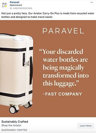 A cream and black hard-shell suitcase is shown next to a quote about the luggage being made from recycled water bottles, with the brand name Paravel above.