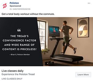 A man runs on a Peloton treadmill at home, watching a virtual instructor on the screen with text highlighting the convenience and variety of the content.