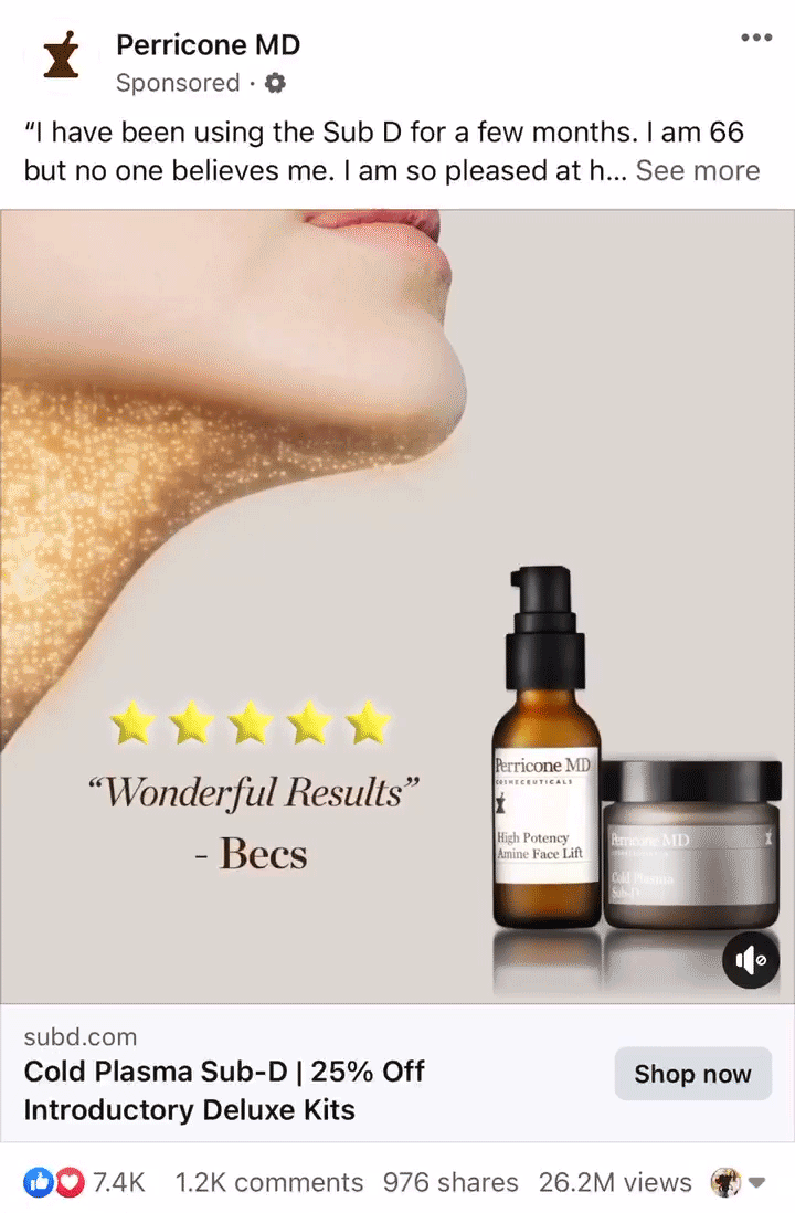 A close-up of a woman's lower face and neck with glowing skin, next to Perricone MD skincare products, five gold stars, and a testimonial praising the results.