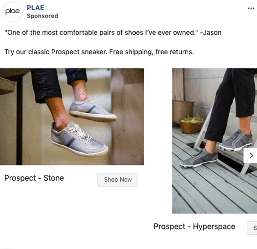 Two images of gray PLAE Prospect sneakers on feet, shown in "Stone" and "Hyperspace" color options. Text praises comfort and offers free shipping and returns.