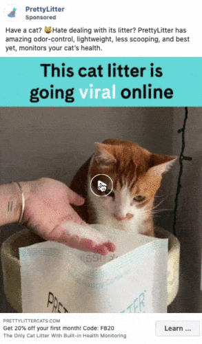 A person pours new cat litter into a box as an orange and white cat looks on. Text above promotes PrettyLitter cat litter for odor control and health monitoring.