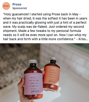 Two hands hold Prose hair product bottles, one purple and one brown, in front of a plain background. A testimonial about hair improvement appears above the image.