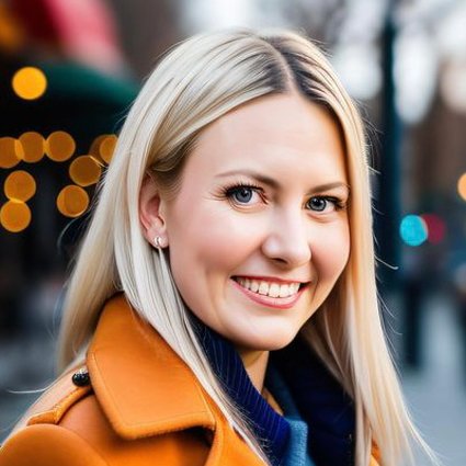 A woman with long blonde hair and a tan coat smiles outdoors in an urban setting with blurred lights in the background.