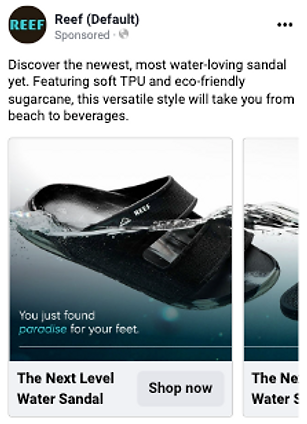 A black Reef water sandal floats partially submerged in water, with promotional text highlighting its eco-friendly materials and comfort features.