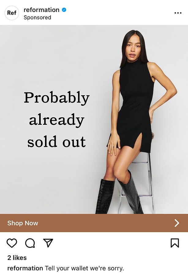 A woman in a sleeveless black dress and black boots sits on a stool next to text that reads, "Probably already sold out.
