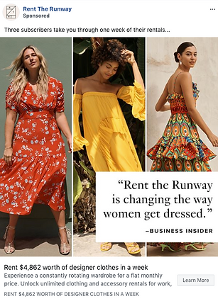 Three women wear different stylish dresses, standing separately. Text overlay reads, “Rent the Runway is changing the way women get dressed.”.