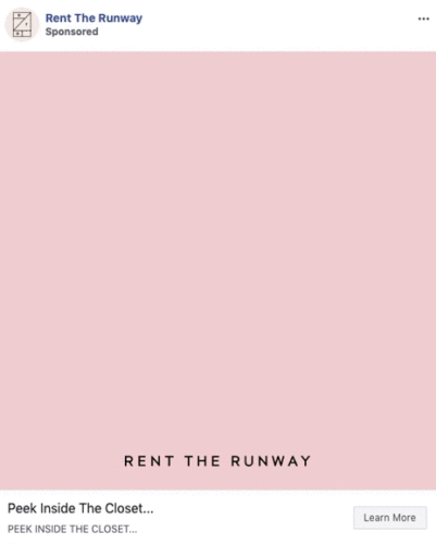 Animated ad for Rent the Runway shows a sequence of various clothing items and accessories on a pink background with the text "Rent The Runway" at the bottom.