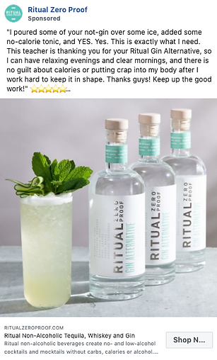 Three bottles of Ritual Zero Proof non-alcoholic spirits are displayed behind a glass of a garnished drink on a white surface. A sponsored social media post caption appears at the top.
