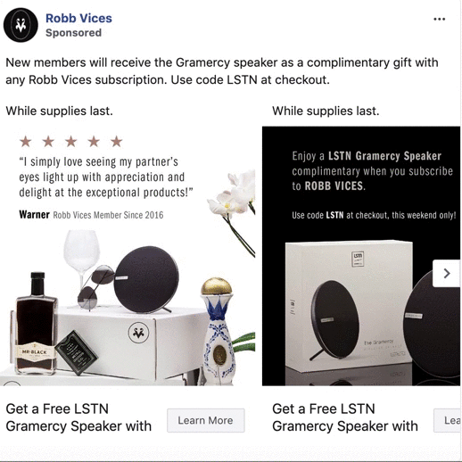 Ad for Robb Vices subscription offering a free Gramercy speaker with purchase. Includes a product photo, testimonial, and promo code for checkout.