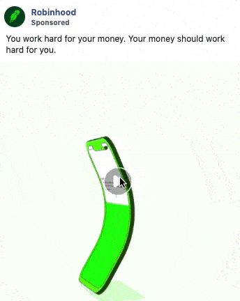 A green smartphone animates as a coin appears, symbolizing financial growth. Robinhood ad text reads: “You work hard for your money. Your money should work hard for you.”.
