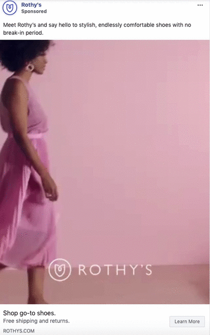 A woman in a sleeveless pink dress walks against a pink background. The Rothy’s logo and text about comfortable shoes appear at the bottom.