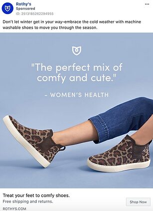 A person wears leopard print slip-on sneakers with white soles and blue jeans against a light background, with promotional text about comfy, washable shoes.