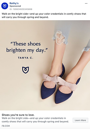 A person wearing blue pointed-toe flats with pink bows sits with legs crossed on a light background; text reads "These shoes brighten my day. -Tanya C.