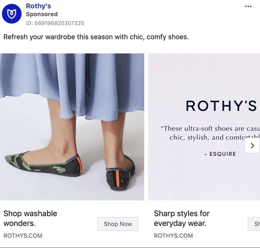 A person wearing camo-print flats stands next to a quote about Rothy's shoes; product images and shopping links appear below.