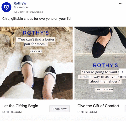 Two images of feet wearing black Rothy's shoes, shown on a rug and carpet. Text promotes gifting these shoes, highlighting comfort and style with quotes from Esquire and Well+Good.