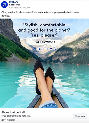 A person wearing black flats sits at the front of a canoe on a turquoise lake, surrounded by mountains under a clear sky. Text promotes Rothy’s eco-friendly shoes.