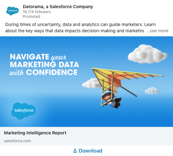 Illustration of a figure hang gliding with the text "Navigate your marketing data with confidence" and Salesforce branding, promoting a marketing intelligence report.