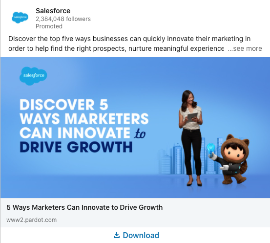 A woman reads a tablet next to the Salesforce mascot on a blue background with text that reads, "Discover 5 ways marketers can innovate to drive growth.
