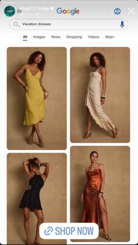Four women pose in different sleeveless vacation dresses—yellow, beige, black, and orange—against a plain tan backdrop. "Shop Now" button is visible at the bottom.